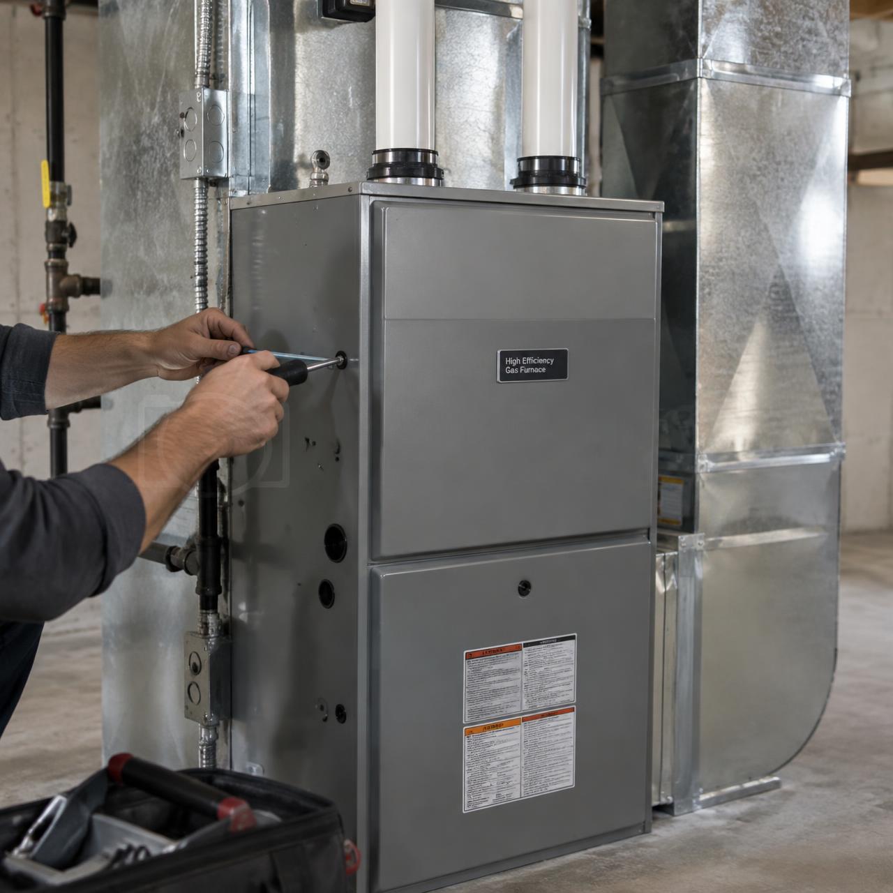 Technician installing a modern high-efficiency furnace